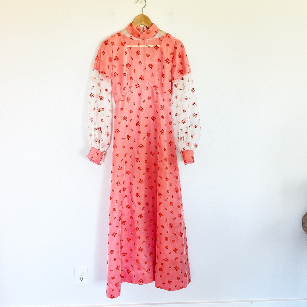 Vtg 70s Handmade Orange Floral Burnout Bridesmaid Maxi Dress Mock Neck Boho